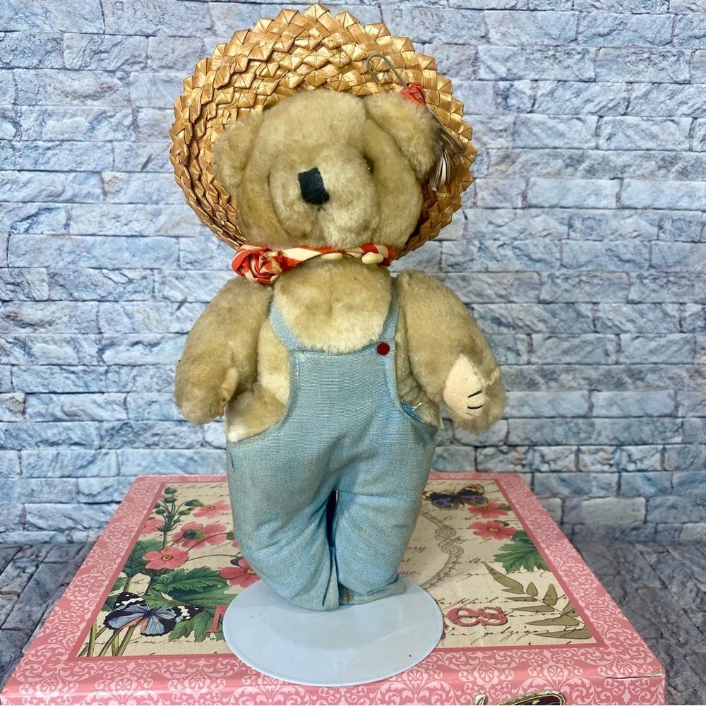 Vintage Country Teddy Bear In Jean Overalls Stand Included Collectible